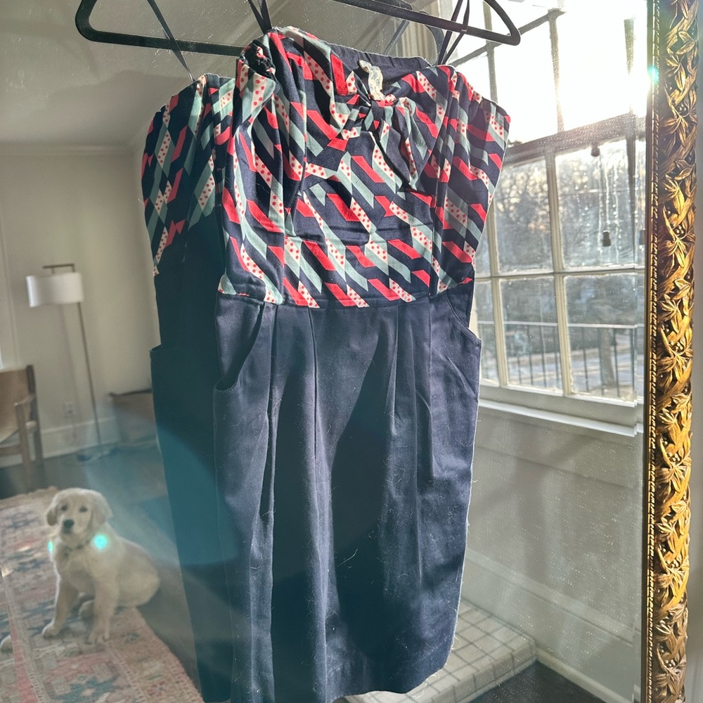 Anthropologie- Maeve- strapless dress with blue skirt patterned top w. Bow
